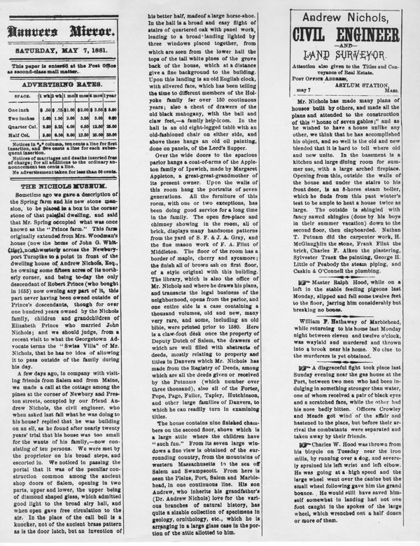 image of 1881 Danvers Mirror article about Nichols home