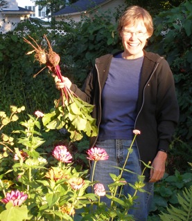 photo of Sandy with beets in garden